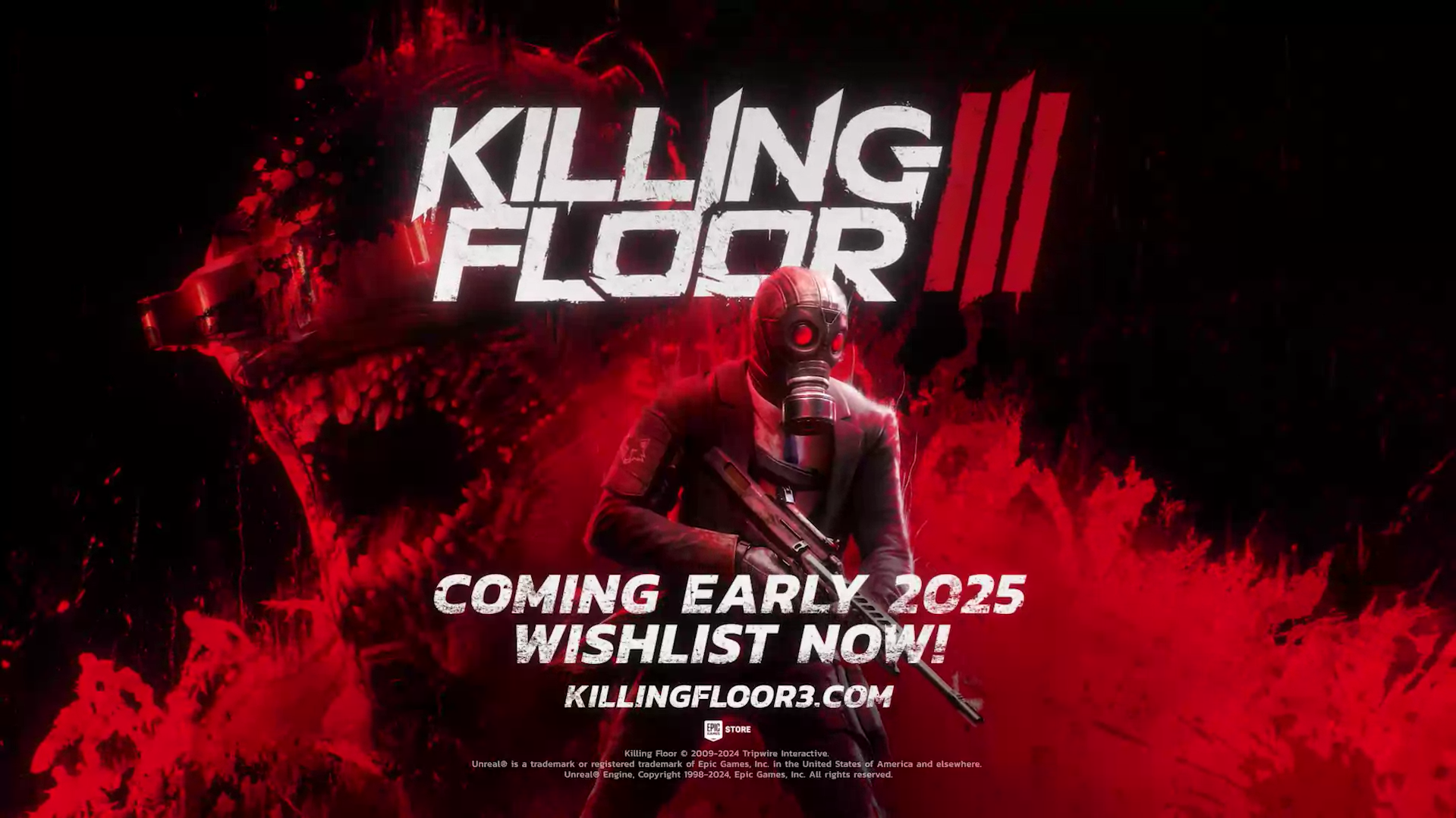 Visuel promotionnel de Killing Floor 3 annonçant la sortie en 2025, jeu FPS horreur avec Zeds et spécialistes