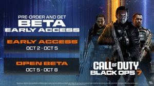 Affiche promotionnelle indiquant les dates de la bêta de Call of Duty: Black Ops 7, avec l'accès anticipé du 2 au 5 octobre et la bêta ouverte du 5 au 8 octobre.