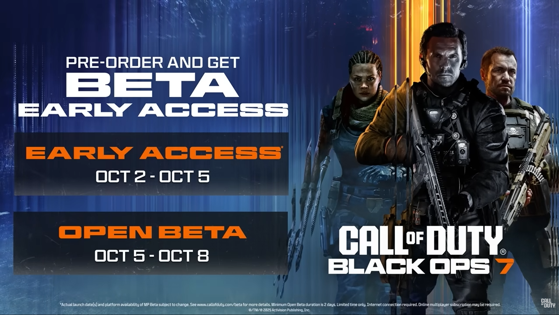 Affiche promotionnelle indiquant les dates de la bêta de Call of Duty: Black Ops 7, avec l'accès anticipé du 2 au 5 octobre et la bêta ouverte du 5 au 8 octobre.