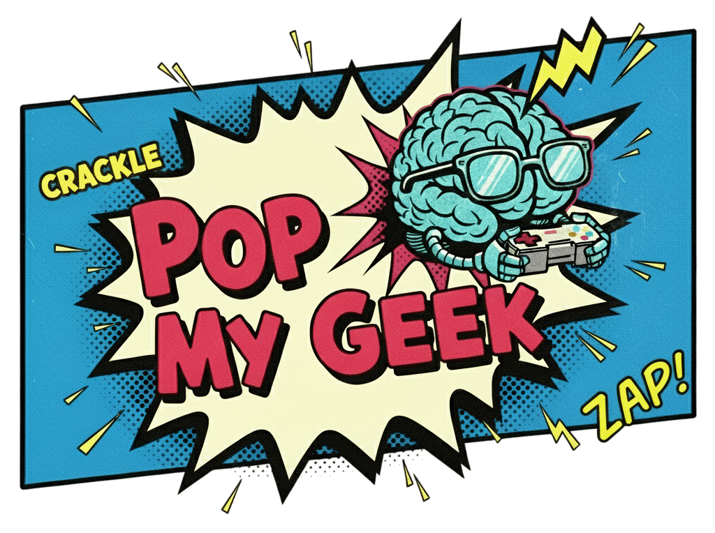 Logo Pop My Geek : cerveau geek jouant aux jeux vidéo style pop art et comic avec un écran de télévision en arrière-plan